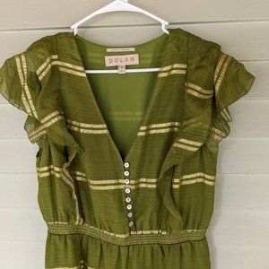 Dolan by Anthropologie Silk Blend Green Metallic Gold Stripe Ruffle Maxi Dress M